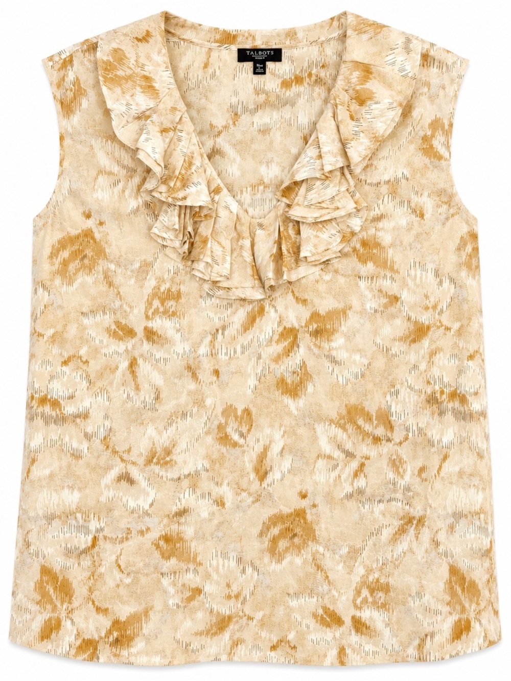 Talbots Women’s 18W Top Tan Floral Print 100% Silk Ruffle Neck Sleeveless Blouse
